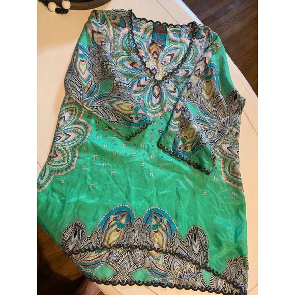 Johnny‎ Was PS Tunic Green Paisley Crochet Trim Boho Silk Blouse sz sm - Picture 1 of 11